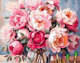 Puede incluir: Un kit de pintura por números con un ramo de peonías rosas y blancas en un jarrón de vidrio transparente. El kit incluye pinceles y pinturas numeradas.