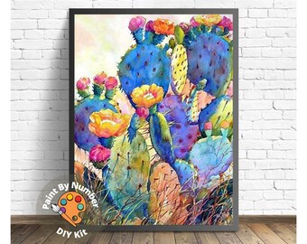 Kit di pittura con i numeri per principianti, hobby per bambini e adulti, cactus verde con fiore, paesaggio desertico, facile regalo di decorazione per pittura acrilica fai da te