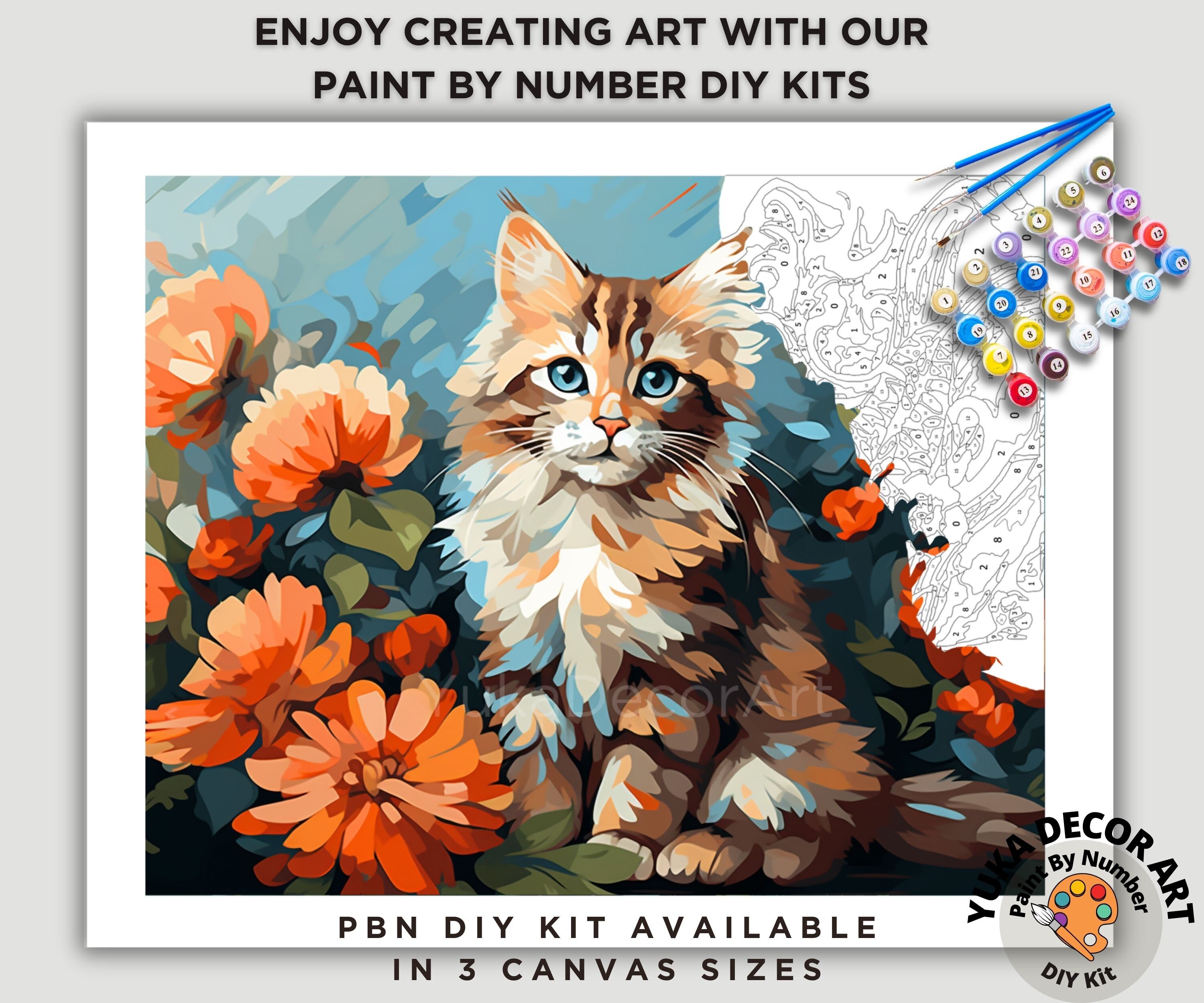 Cute Cat PAINT by NUMBER Kit Adult DIY Pet Portrait Vibrant Flowers ...