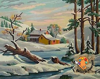 Winter Scene PAINT by NUMBER Kit for Adult , DIY Nature Vintage Style Art , Easy Beginner Acrylic Painting Kit,Vintage Decor Gift