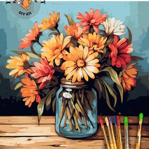 Cottage Decor PAINT by NUMBER Kit Adult, Wildflowers In Mason Jar Art ,Easy Beginner Acrylic Painting | Gift for Wife Girlfriend Mom Grandma