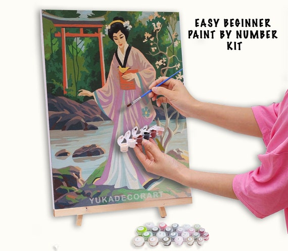 Japan Lady Vintage PAINT by NUMBER Adult , Japanese Pagoda Garden