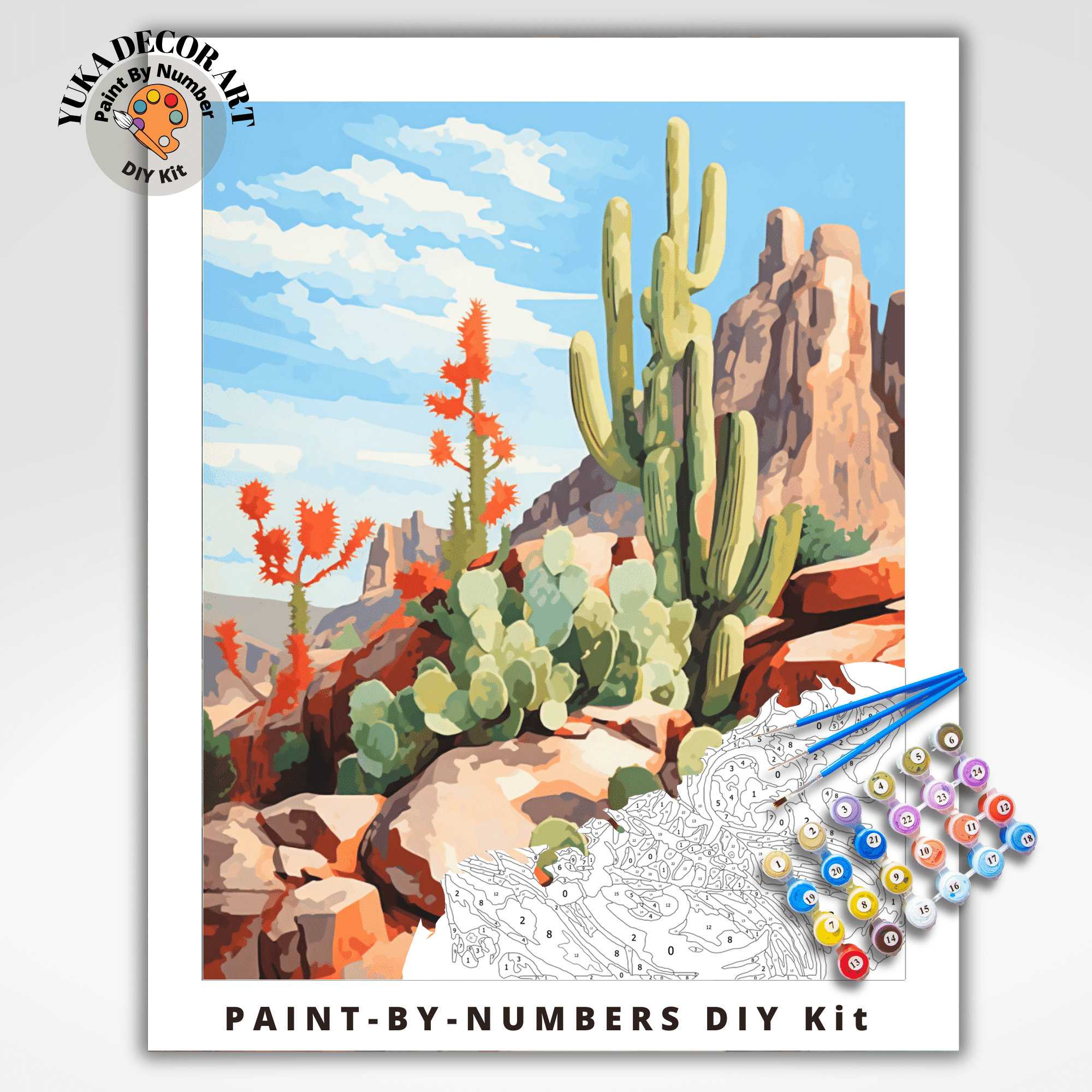 Vintage Inspired PAINT by NUMBER Kit Adult, Desert Cactus , Canyon Rock  Painting , Easy Beginner Acrylic Painting DIY ,wall Decor Gift Mom 