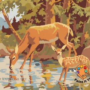 Deers in Forest PAINT by NUMBER Kit  Adult , Mountain Stream Vintage Style DIY Art , Easy Acrylic Paint Kit,Christmas Decor Gift
