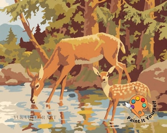 Puede incluir: Un kit de pintura por números que presenta a una madre ciervo y su cervatillo bebiendo de un arroyo en un entorno de bosque. La imagen es de estilo vintage con una paleta de colores marrones, verdes y azules. El texto "Paint It Yourself" es visible en la esquina inferior derecha.