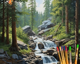 Kit de pintura de paisaje por números para adultos, montaña, arroyo, río, estilo vintage, parque nacional, fácil para principiantes, kit de pintura acrílica para bricolaje, decoración del hogar, regalo