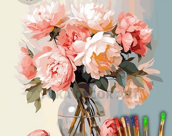 Puede incluir: Un kit de pintura por números con un ramo de peonías rosas en un jarrón de vidrio transparente. El kit incluye pinceles y pinturas.