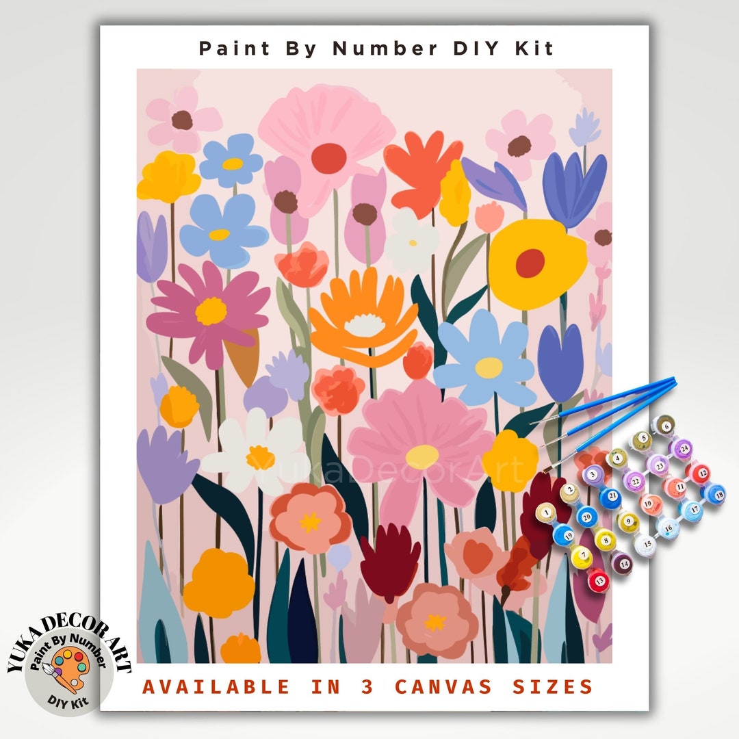 DIY Premium Paint By Numbers Kit Wild Flowers with Canvas and Brushes  Included