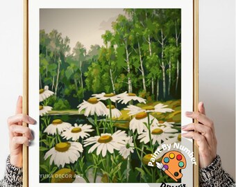Kit de peinture fleurs marguerites par numéros pour adultes et enfants, vue panoramique sur la forêt et la montagne, kit de peinture acrylique pour débutant facile, art mural, cadeau passe-temps