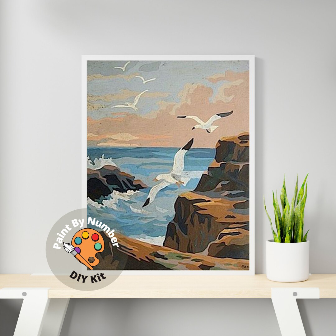 Vintage Style PAINT by NUMBER Kit for Adult , DIY Seashore Waves