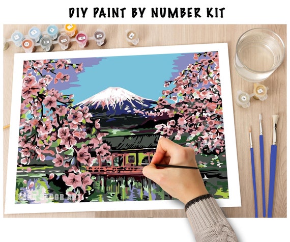 Japan PAINT by NUMBER Kit for Adults Beginner,diy Art Kit, Pink Cherry  Blossoms Mount Fuji , Acrylic Painting Kit , Wall Art Decor 