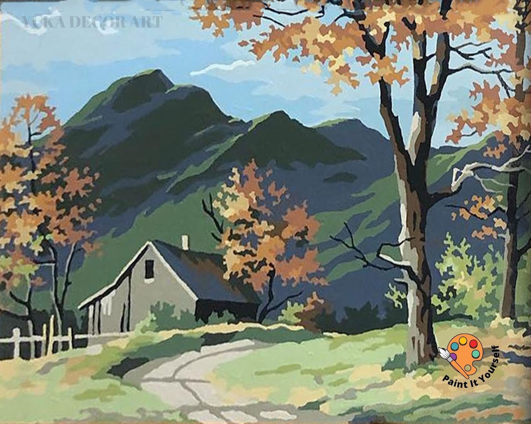 Vintage Style PAINT by NUMBER Kit Adult, Stream River Landscape Fall