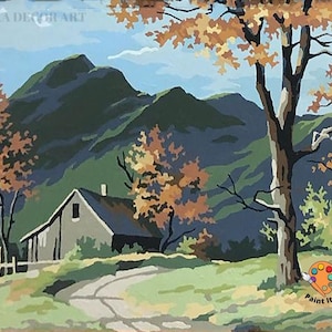 Vintage Style  PAINT by NUMBER Kit Adult, Stream River Landscape Fall Colors Art , Easy Beginner Acrylic Painting DIY Kit,Home Decor Gift