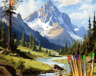 May include: A paint by numbers kit featuring a scenic landscape with a mountain range, a river, and trees. The kit includes a set of paintbrushes and a color palette.