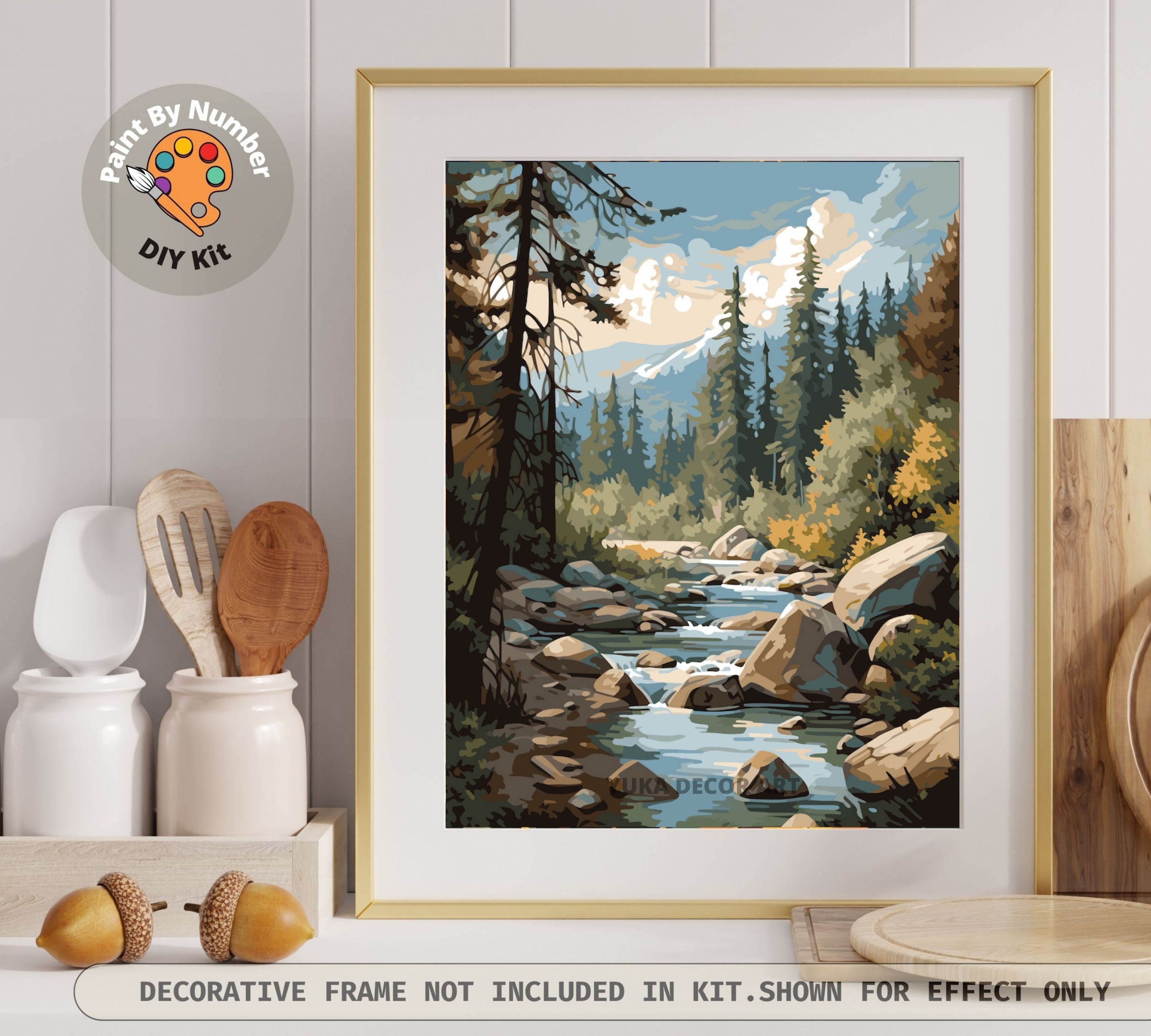 Vintage PAINT by NUMBER DIY Kit for Adult Nature Landscape Mountain Cabin  Easy Beginner Acrylic Painting Kit Home Decor Gift Grandmother Dad 