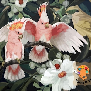 Könnte beinhalten: Ein Malen-nach-Zahlen-Set mit zwei rosa-weißen Kakadus auf einem Ast, umgeben von dunkelgrünen Blättern und weißen Blüten. Die Vögel haben leuchtende Hauben, vor einem neutralen Hintergrund. Das Set enthält den Text "Paint It Yourself".