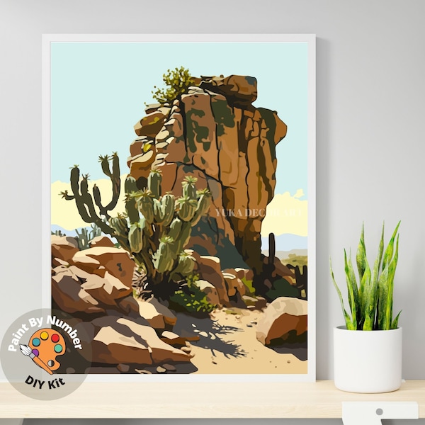 Vintage Inspired PAINT by NUMBER Kit Adult, Desert Rocks Cactus Landscape Painting , Easy Beginners  DIY Painting ,Vintage Style Decor Gift