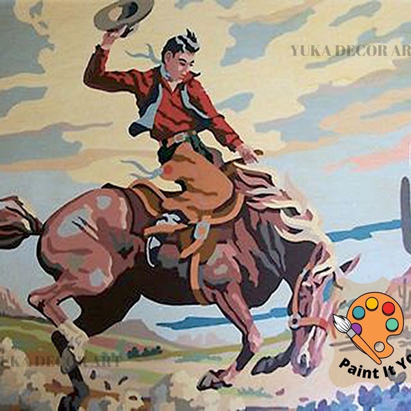 Cowboy Vintage PAINT by NUMBER Kit Adult, Horse Rider In Desert Art , Easy Beginner Acrylic Painting DIY Kit,Vintage Diy Decor Gift