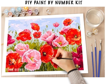 Red Poppy Flowers PAINT by NUMBERS Kit for Adult & Kids,Valley Scenic View ,Easy Beginner Acrylic Painting Kit,Wall Art , Hobby Gift