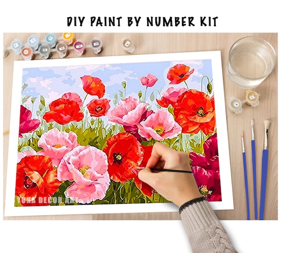 Red Poppy Flowers PAINT by NUMBERS Kit for Adult & Kids,valley Scenic View  ,easy Beginner Acrylic Painting Kit,wall Art , Hobby Gift 