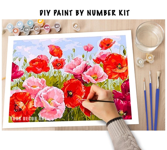 Red Poppy Flowers PAINT by NUMBERS Kit for Adult & Kids,valley Scenic View  ,easy Beginner Acrylic Painting Kit,wall Art , Hobby Gift 