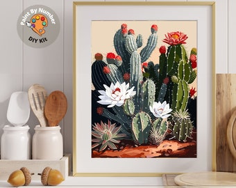 Cactus Flowers PAINT by NUMBER Kit Adults Botanical Art Easy Beginners Acrylic Paint DIY Kit Living Wall Art Ranch Decor Gift for Mom Friend