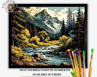 Kit de pintura por números para adultos, diseño de montaña, bosque y río, estilo vintage, para principiantes, fácil de pintar con acrílico, ideal como regalo para decoración de cabaña vintage.