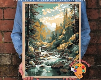 Kit de pintura por números estilo vintage para adultos, paisaje de río con arroyo, parque nacional de montaña, kit de pintura acrílica fácil para principiantes, decoración del hogar