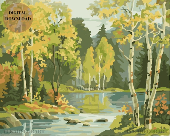 Forest  Stream - DIY Nature Vintage Style Art - PAINT by NUMBER  Digital Download Kit (  No Physical Item shipped ) - Print And Paint Set