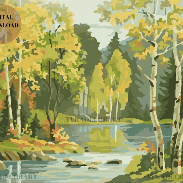 Forest  Stream - DIY Nature Vintage Style Art - PAINT by NUMBER  Digital Download Kit (  No Physical Item shipped ) - Print And Paint Set