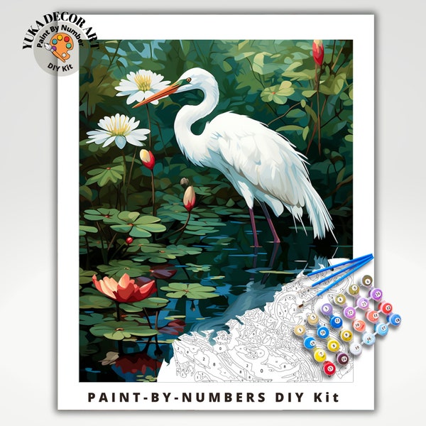 Kit de peinture à numéros pour adultes oiseaux blancs dans des fleurs de nénuphars, peinture à faire soi-même pour débutants, kit de peinture facile, cadeau pour amateur de jardin