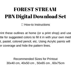 K&ouml;nnte beinhalten: Ein digitaler Download-Satz zum Ausmalen, betitelt "FOREST STREAM PBN Digital Download Set". Das Bild enth&auml;lt Anweisungen zum Drucken und Ausmalen der Umrisse sowie empfohlene Druckgr&ouml;&szlig;en: 30x40 cm, 40x50 cm, 50x65 cm und 60x75 cm.