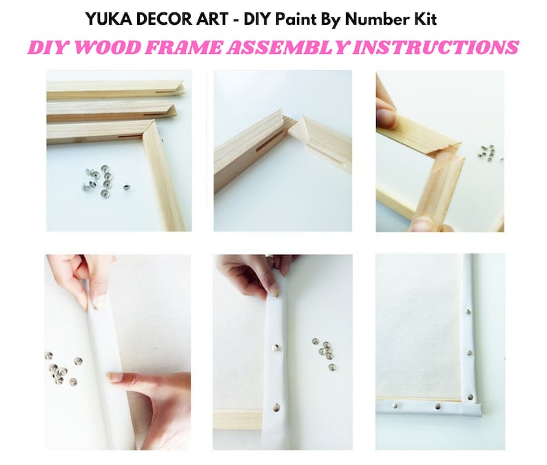 Peut inclure: Instructions illustr&eacute;es pour l'assemblage d'un cadre en bois de bricolage pour un kit de peinture par num&eacute;ros. Les images montrent des composants de cadre en bois, des attaches m&eacute;talliques et le processus d'&eacute;tirement et de fixation de la toile au cadre. Le texte en haut indique "YUKA DECOR ART - DIY Paint By Number Kit".