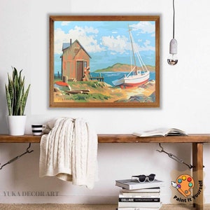 Vintage Style PAINT by NUMBER Kit for Adult , Scenic Seaside Boat Dock ...