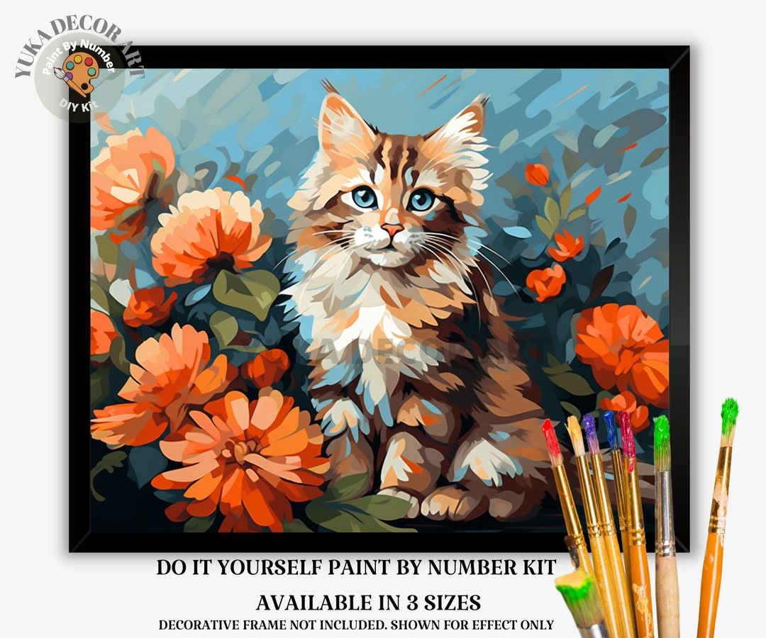 Cute Cat PAINT by NUMBER Kit Adult DIY Pet Portrait Vibrant Flowers ...