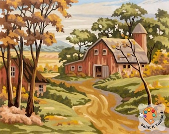May include: A painting of a red barn with a silo, surrounded by trees and a winding dirt road. The scene is set in a rural landscape with a field in the background. The painting is in a paint-by-numbers style.