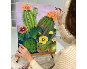 Kit di pittura con i numeri per principianti, hobby per bambini e adulti, cactus verde con fiore, paesaggio desertico, facile regalo di decorazione per pittura acrilica fai da te