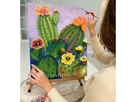 Paint by Numbers Kit for Beginner , Kids & Adult Hobby, Green Cactus With  Flower,desert Landscape , Easy Acrylic DIY Painting Decor Gift 