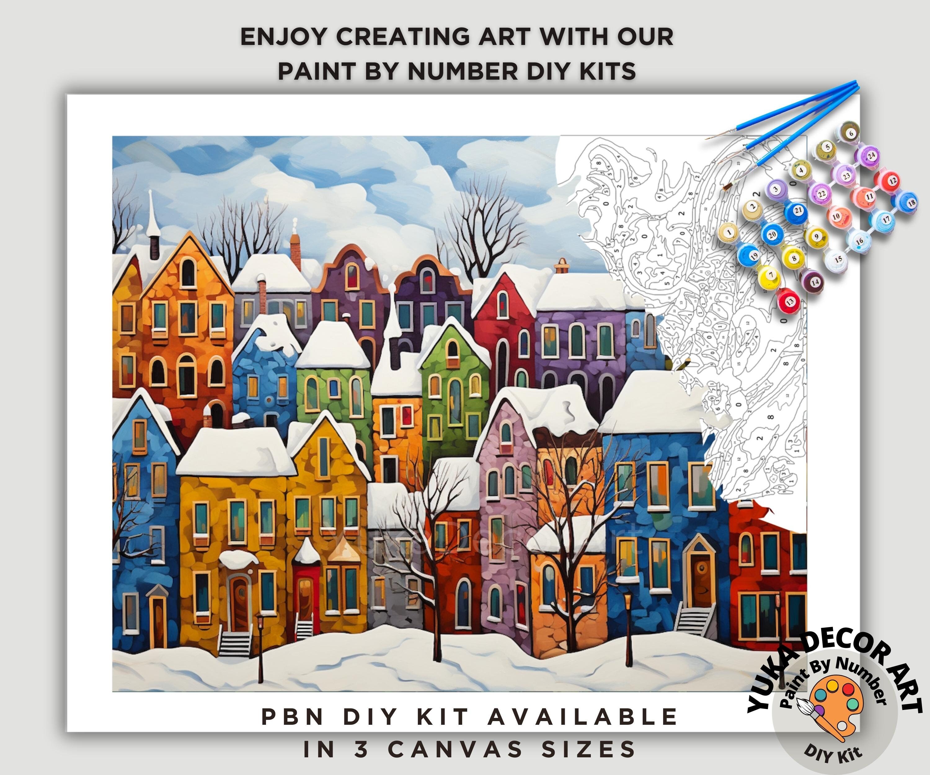 Colorful Town PAINT by NUMBERS DIY Kit Adult Winter Vintage Art Village ...