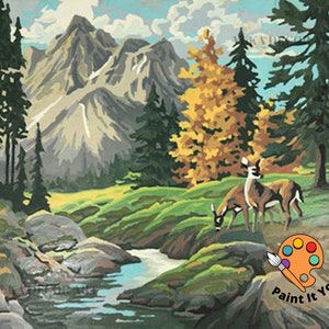 Nature Forest Vintage Style PAINT by NUMBER Kit Adult, Deers By Mountain Stream, Easy Beginner Acrylic Painting DIY Kit,Rustic Decor Gift