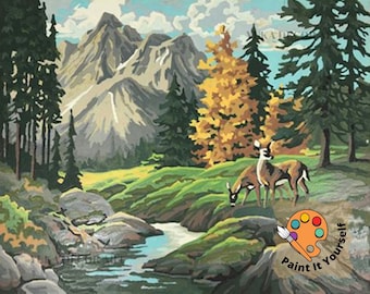 Kit de pintura por números para adultos, estilo vintage, con ciervos junto a un arroyo de montaña, ideal para principiantes, ideal como regalo de decoración rústica.