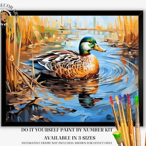 May include: A framed paint-by-number kit featuring a mallard duck swimming in a pond. The duck has a green head, orange body, and blue wing feathers. The painting is surrounded by reeds and water reflections. Text on the image reads "DO IT YOURSELF PAINT BY NUMBER KIT".