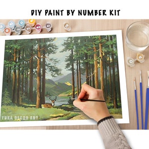 Mountain Trees Vintage PAINT by NUMBER Kit , Deer In Forest Vintage Style DIY Art , Easy Beginner Acrylic Painting Kit,Vintage Decor Gift