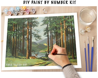 Berg Bäume Vintage PAINT by NUMBER Kit, Hirsch im Wald Vintage Style DIY Kunst, einfach Anfänger Acrylmalerei Kit, Vintage Decor Geschenk