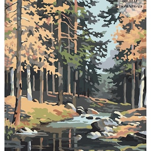 Puede incluir: Una pintura digital de una escena de bosque con un arroyo que lo atraviesa. Los árboles son una mezcla de verde y marrón, y el agua es de un azul claro. La pintura está en un estilo pictórico, con pinceladas visibles.