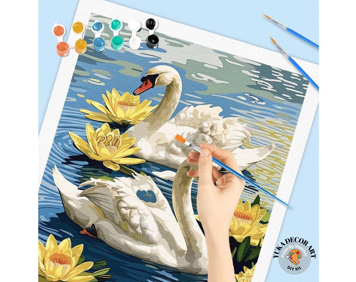 White Swans PAINT by NUMBERS Kit for Adults Watercolour Style Swan