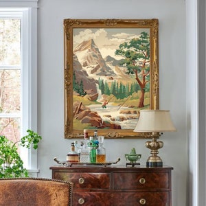 Kit de pintura por números de montaña vintage para adultos, escena de pesca en el arroyo, kit de pintura acrílica fácil para principiantes, regalo de decoración del hogar