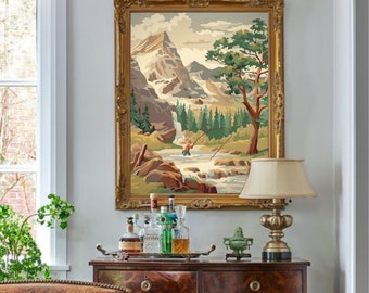 Vintage Mountain PAINT by NUMBER Kit Adult, Fishing In The Stream Scene  , Easy Beginner Acrylic Painting DIY Kit,Home Decor Gift