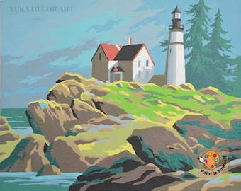 Vintage Style Paint by Numbers Kit for Adults Beginner, Lighthouse On Rocky Seashore , Canvas Painting Kit - Rustic Decor DIY Art Kit