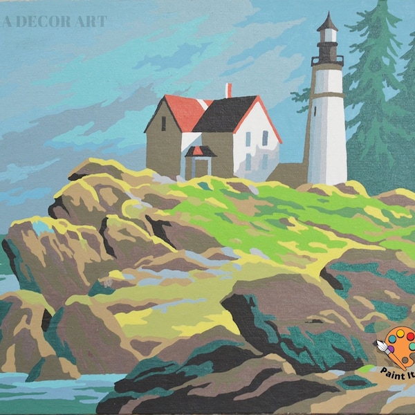 Vintage Style Malen nach Zahlen Kit für Erwachsene Anfänger, Leuchtturm an der felsigen Meeresküste , Canvas Painting Kit - Rustikales Dekor DIY Art Kit